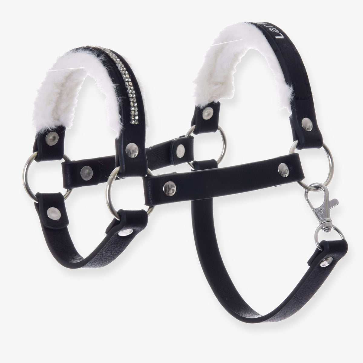 Hobby Horse grimma med päls Espresso (konstläder) från LarDen, svart grimma med vit päls och nosrem med strass