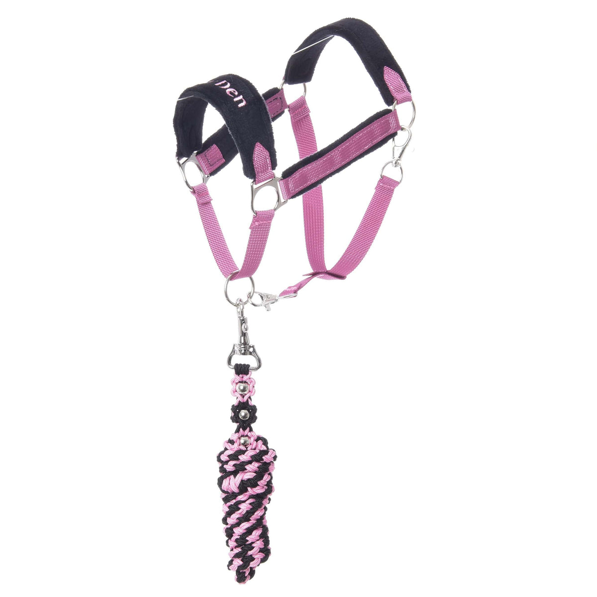 Hobby Horse set LarDen Exclusive Pink: rosa grimma av vävt band med vadderad svart nosrem och ett flätat rosa och svart grimskaft