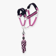 Hobby Horse Set LarDen Exclusive Pink: pink webbing halter with padded black noseband and a braided pink and black lead rope