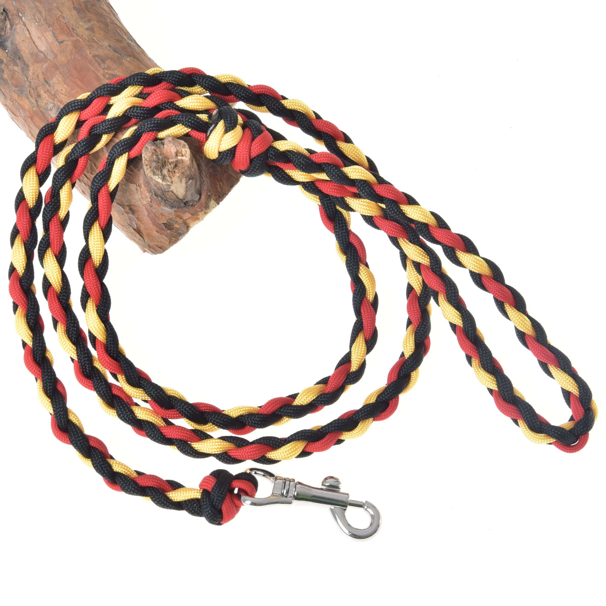 Hobby Horse rope stripe Flag by LarDen, braided black, red and yellow lead rope with a hand loop and snap hook