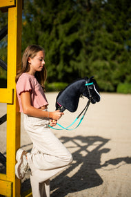 Girl in a pink top leaning on a yellow jump stand in the arena with Hobby Horse Freya in a black and turquoise bridle
