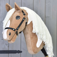 Hobby Horse Fury with Black Halter by LarDen, a tan plush head with a white blaze, white patches and a cream yarn mane