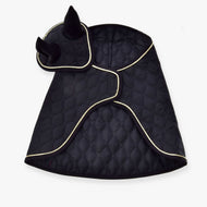 Hobby Horse Set Majestic by LarDen: black quilted blanket with gold piping and matching ear bonnet with black ears