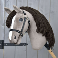 Hobby Horse Guccini with Black Halter by LarDen, a grey-brown plush head with a dark brown yarn mane and white blaze