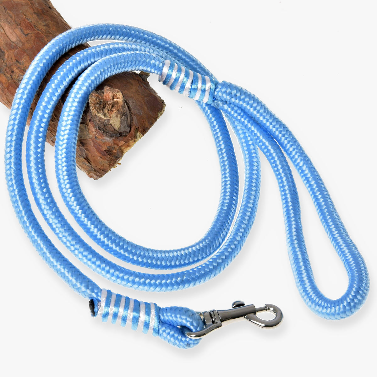 Hobby Horse rope stripe Heaven by LarDen, light blue lead rope with white striped wraps and a silver snap hook