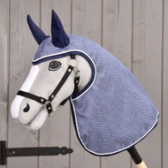 Light grey Hobby Horse in a black halter wearing the Raincoat Jeans, denim-blue fabric with navy ears and white piping