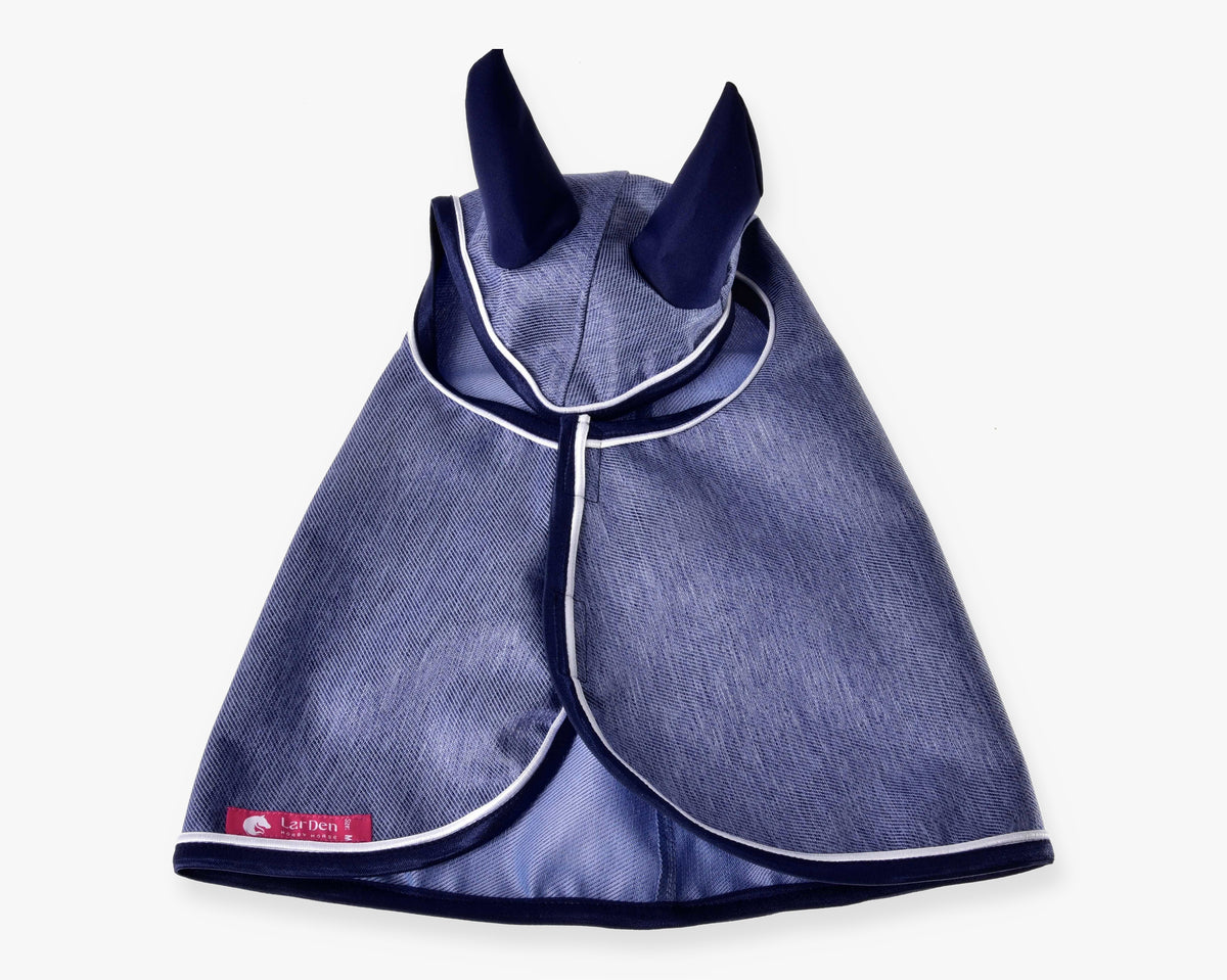 Hobby Horse Raincoat Jeans by LarDen from above, denim-look blue fabric with navy ears, navy binding and white piping