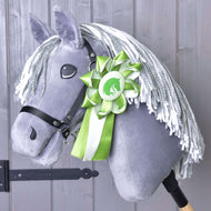 Grey plush Hobby Horse with a grey and white yarn mane and black halter, the green rosette pinned to its neck