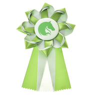 Hobby Horse Ribbon Green by LarDen, a lime green and white satin rosette with a horse head badge and pinked tails
