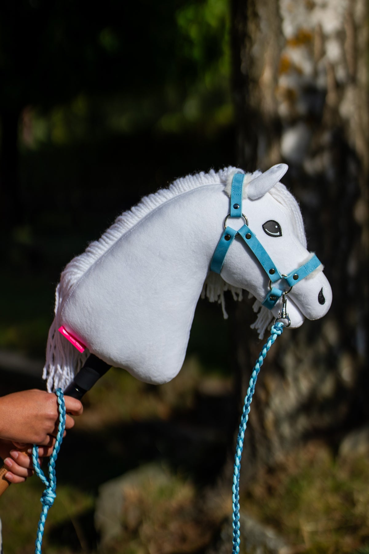 Hobby Horse Lady med vit fransig man i ljusblå grimma, ett ljusblått flätat grimskaft vid hakan, solig trädgård
