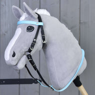 Complete bridle without noseband Light Blue by LarDen on a grey Hobby Horse, black straps with light blue browband and reins
