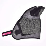 Fly mask laid flat in side view: grey melange fabric, black mesh eye panel and ears, pink LarDen label on the strap