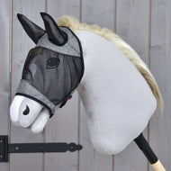 Hobby Horse Fly Mask De Luxe Light Grey by LarDen with black mesh over the eyes and ears, on a grey plush head