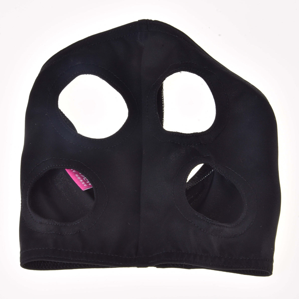 Black mask without ears laid flat from above with four round openings for eyes and ears and a pink label inside