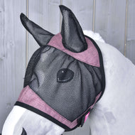 Close-up of the fly mask on a grey Hobby Horse from the side, black mesh over the eye and pink bands with black edging