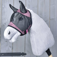 Hobby Horse Fly Mask De Luxe Pink by LarDen on a grey head, black mesh with dusty pink bands and mesh ear covers