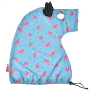 Hobby Horse protective suit Melon laid flat: light blue watermelon print with eye hole, black ear and drawstring hem