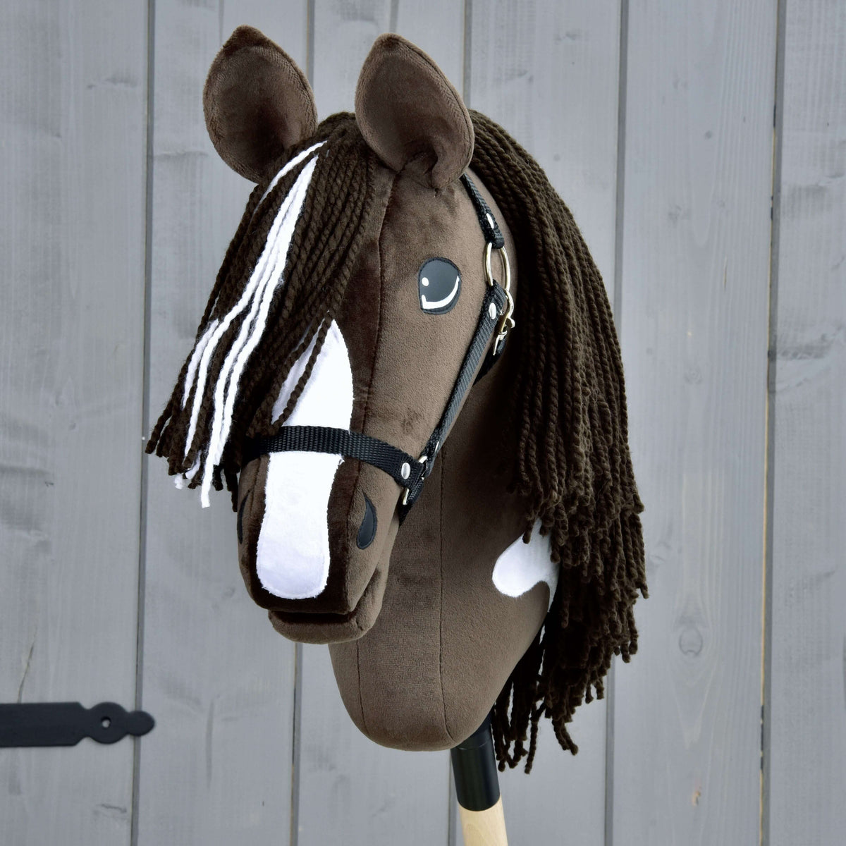 Hobby Horse Monte with Black Halter from the front, brown yarn forelock with white strands over a white blaze