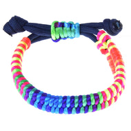 Hobby Horse Bracelet Rosemary by LarDen, braided neon rainbow cord on a navy adjustable band with a rainbow sliding knot