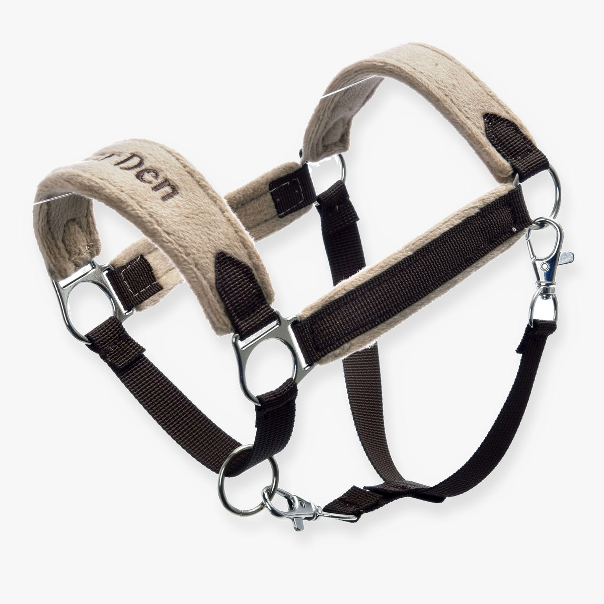 Hobby Horse grimma med päls LarDen Brown med beige fleecefoder, mörkbruna remmar, silverfärgade ringar och en karbinhake
