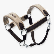 Hobby Horse Fur Halter LarDen Brown with beige fleece padding, dark brown straps, silver rings and a snap hook
