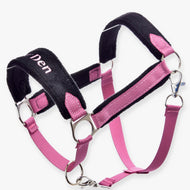 Hobby Horse Fur Halter LarDen Pink: pink webbing with black fur padding, embroidered lettering, silver rings and a snap hook