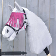 Grey Hobby Horse wearing the black halter, the pink fringe falling over its eyes from a glittery multicoloured band