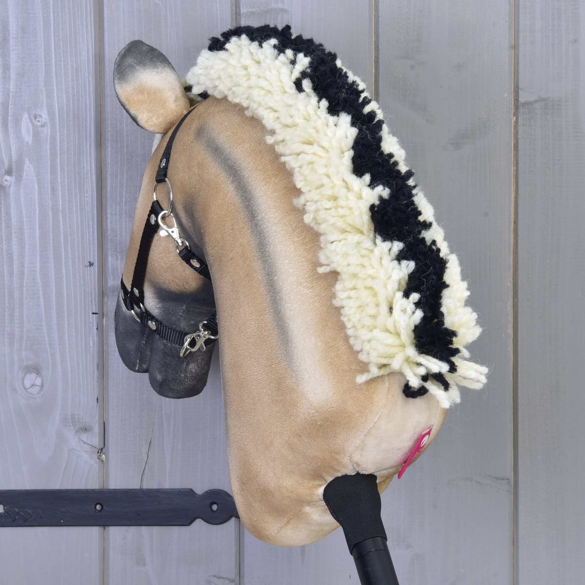 Hobby Horse Ozzy seen from behind, showing the cream mane with a black centre stripe and the dark dorsal stripe