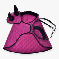 Hobby Horse Set Pink Beauty (ear bonnet + blanket + halter with fur) by LarDen in pink quilted fabric with black fur