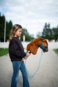 Ung flicka i mörk sweatshirt som leder Hobby Horse Pippa i blågrön grimma och blått grimskaft på en sandväg