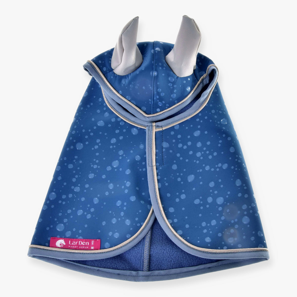 Hobby Horse Raincoat Dolly (softshell) by LarDen from above, steel blue with pale drops, grey ears and a blue fleece lining