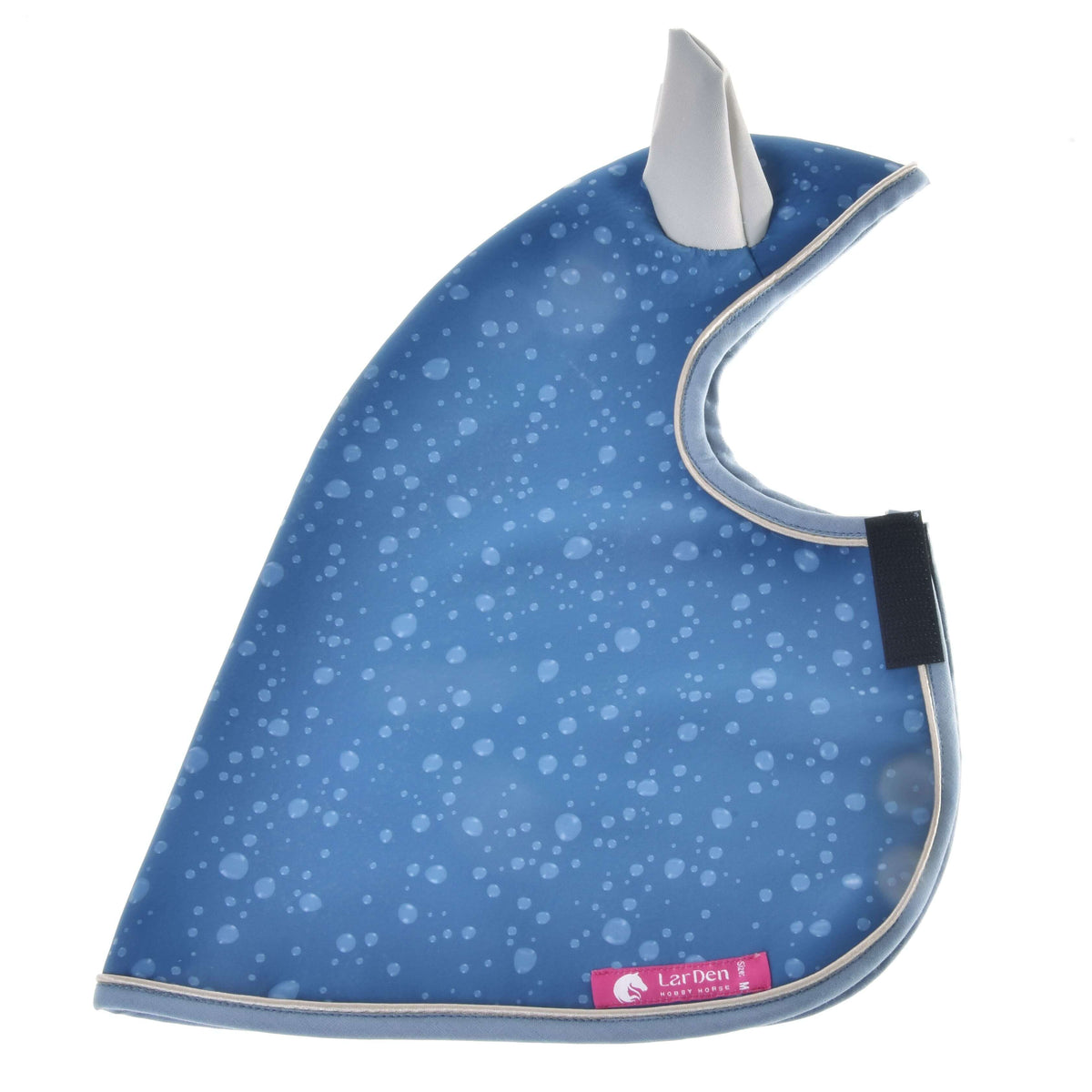 Blue softshell Raincoat Dolly laid flat with water droplet print, grey ear, black strap and pink LarDen label