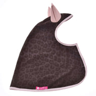 Hobby Horse Raincoat Milly laid flat in side view: brown leopard print, light pink ears and trim, pink LarDen label