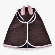 Hobby Horse Raincoat Milly by LarDen from above, chocolate brown leopard print with dusty pink ears and pale pink binding
