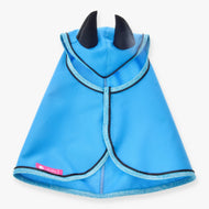 Hobby Horse Raincoat Sky Blue by LarDen from above, bright sky blue with black ears and glittery light blue binding