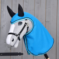 Light grey Hobby Horse with a black halter wearing the Raincoat Sky Blue, its hood with black ears and glittery blue trim
