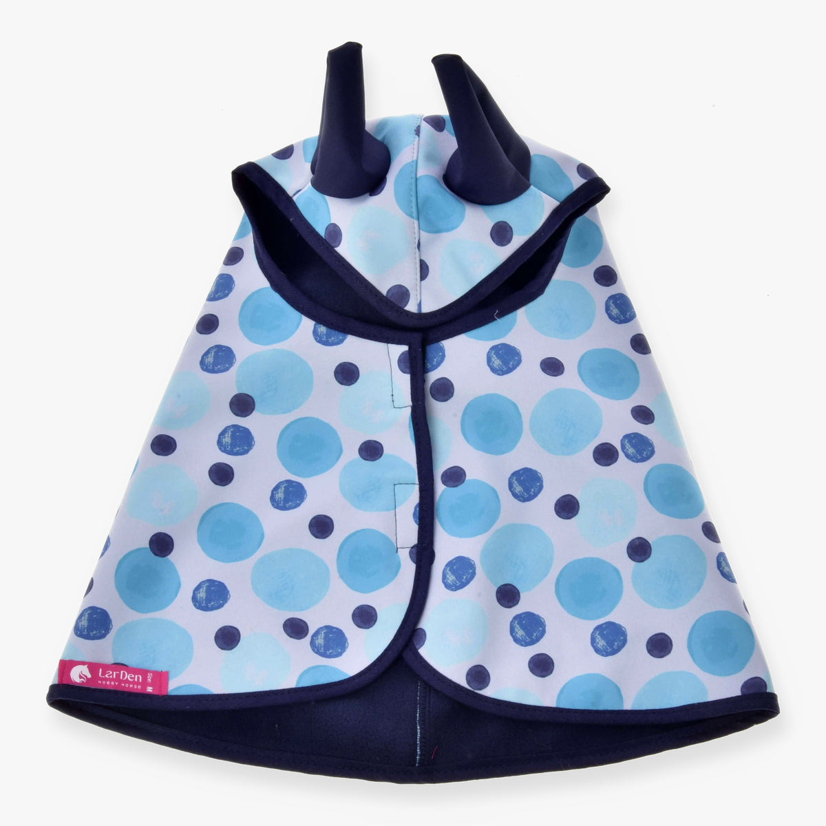 Hobby Horse Raincoat Bubbles by LarDen from above, light blue and navy dots on white with navy ears, binding and lining