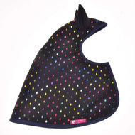 Raincoat Sparkling Queen laid flat, black with colourful foil diamonds, black ears, navy binding and a pink LarDen label