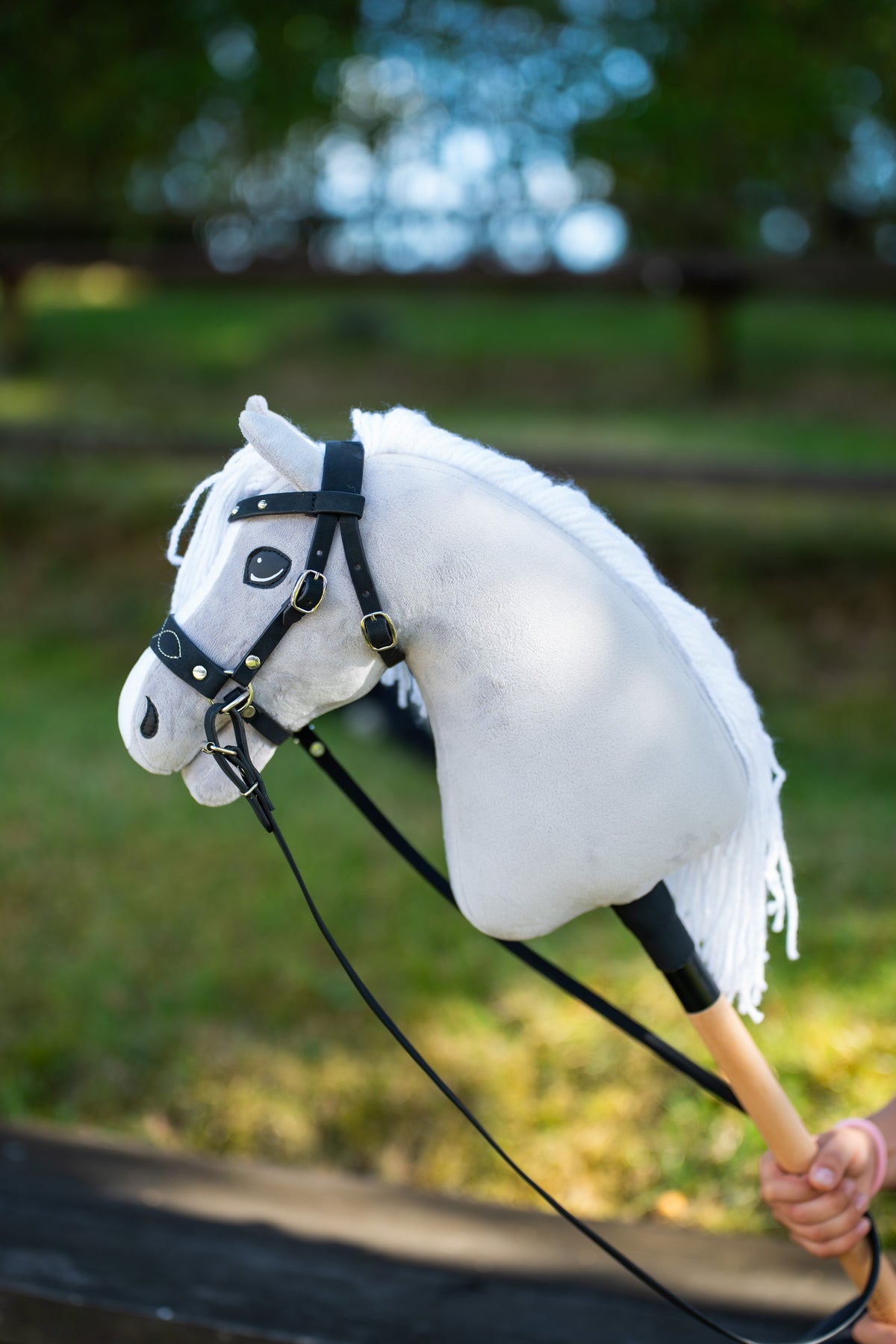Hobby Horse Popcorn i svart träns med guldfärgade spännen, dekorerad nosgrimma och långa svarta tyglar, grön trädgård bakom