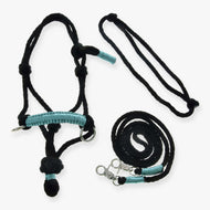 Hobby Horse Rope set Turquoise by LarDen: black rope halter with turquoise wrapped noseband, black neck ring and reins on white