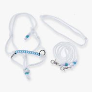 Hobby Horse Rope set White Queen by LarDen: white rope halter with turquoise braided noseband, neck ring and reins on white