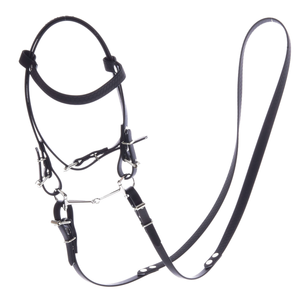 Hobby Horse Complete bridle without noseband Pure Black by LarDen in black leatherette with snaffle bit and long reins