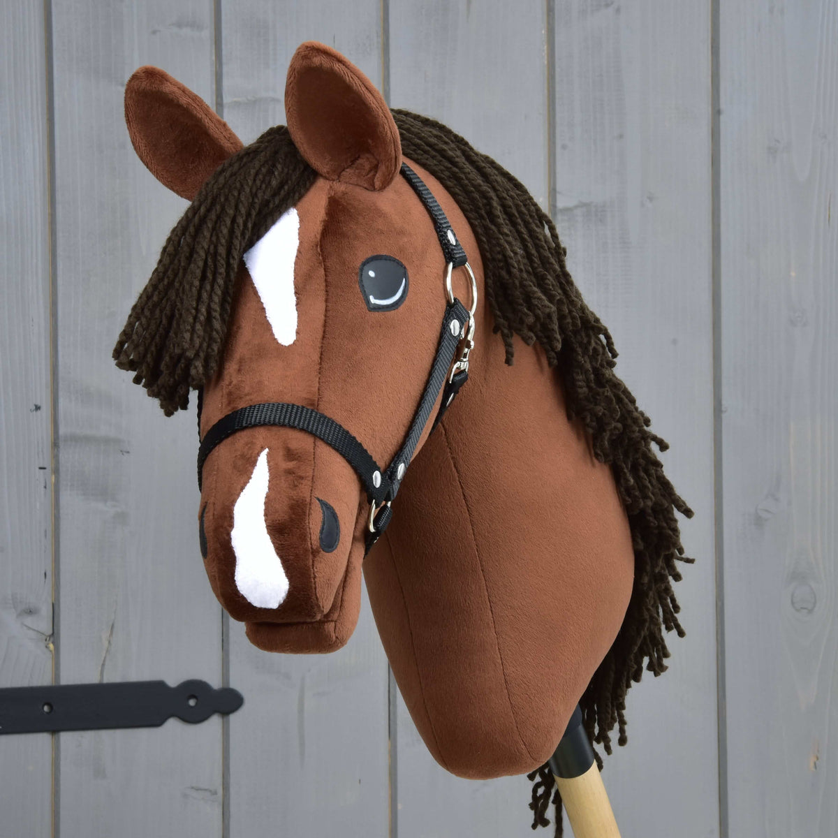 Hobby Horse Rocky framifrån med vit stjärn, vit strimma på nosen och mörkbrun pannlugg av garn