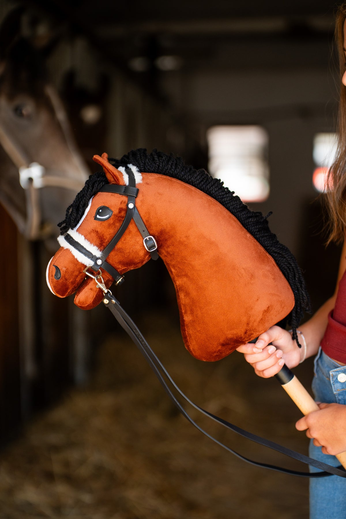 Fuxfärgad Hobby Horse Rocky med lockig svart man av garn i det svarta tränset med vit päls och långa tyglar, en brun häst bakom
