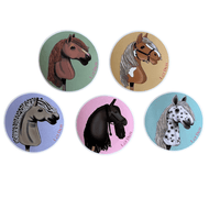 Set Stickers 5 by LarDen: five round stickers with illustrated Hobby Horse heads on green, sand, lilac, pink and blue
