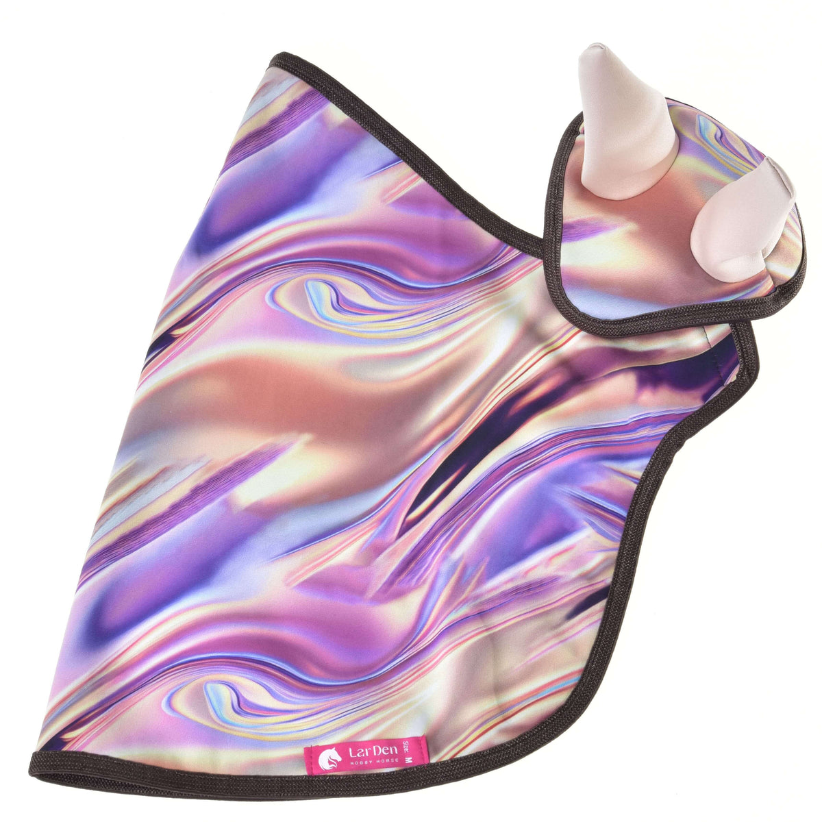 Swirl print blanket and ear bonnet with cream ears laid flat from the side, brown binding and a pink LarDen label
