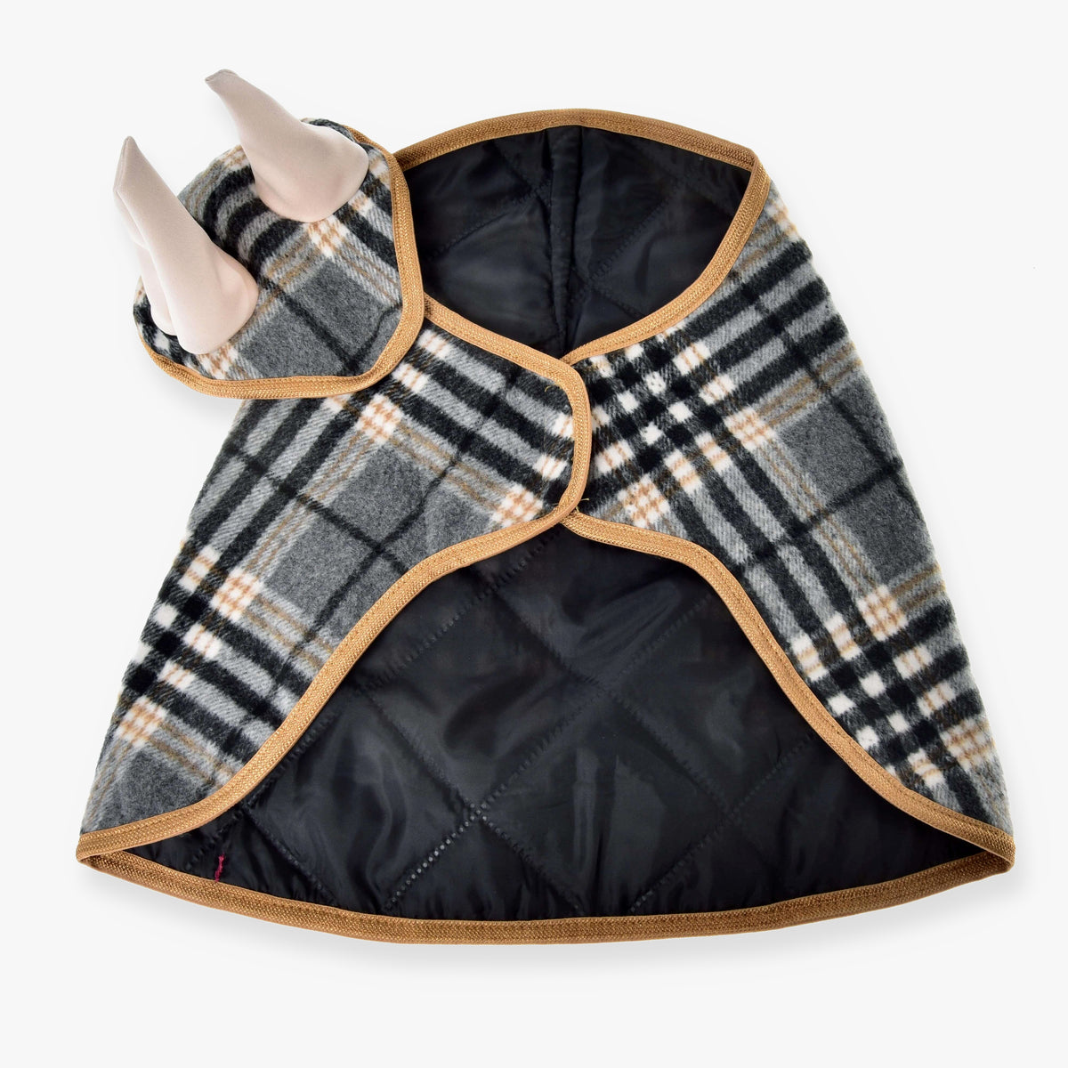 Hobby Horse Set England Grey by LarDen: grey check blanket with black quilted lining, camel binding and matching ear bonnet