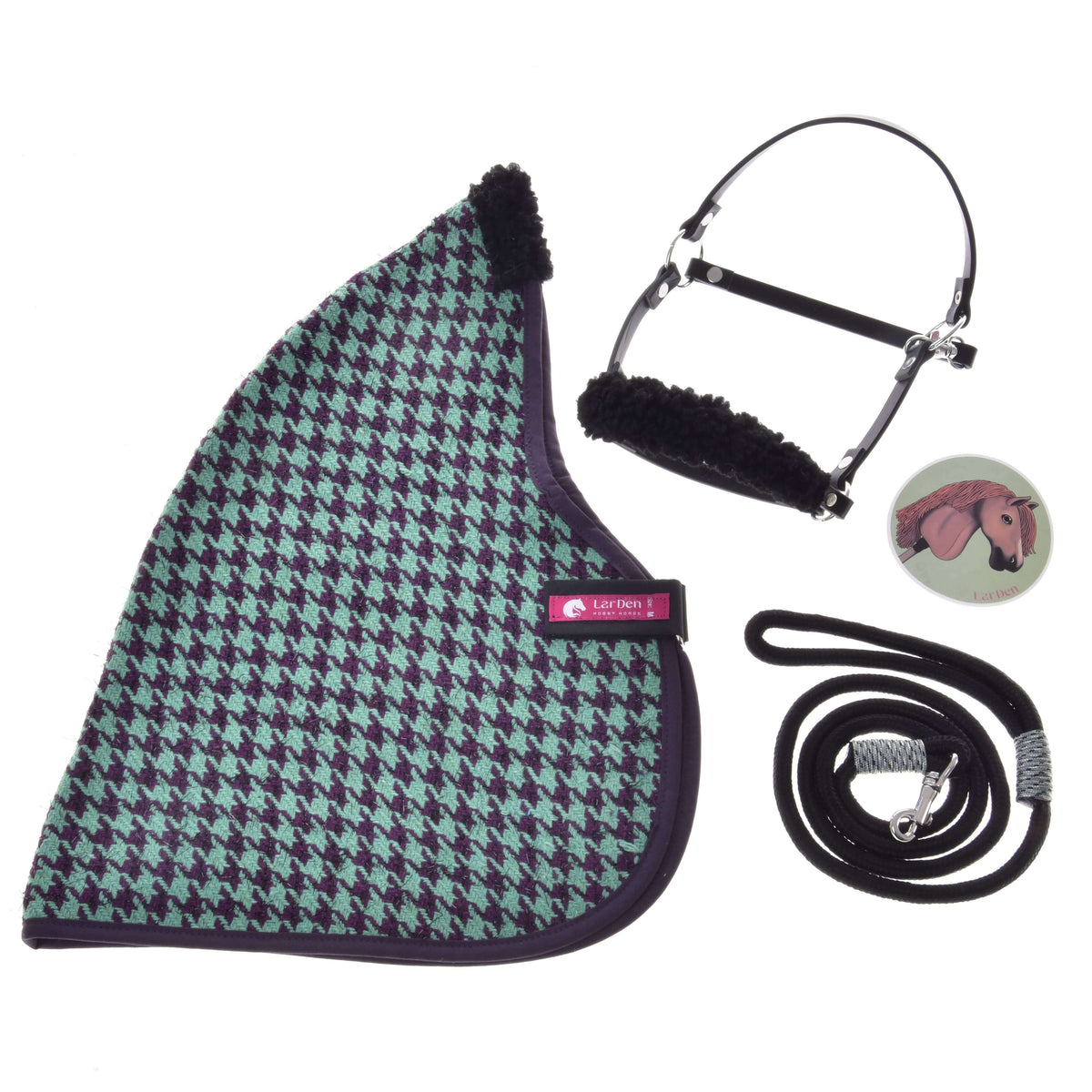 Hobby Horse Set Harmony Green by LarDen: mint and purple houndstooth blanket, black halter with fleece, lead rope, sticker