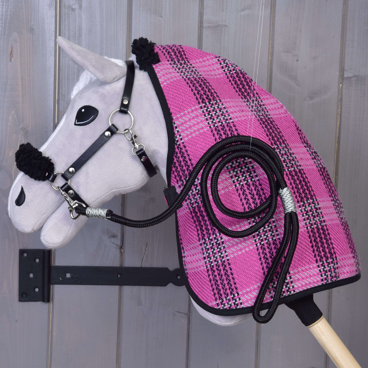 Grey plush Hobby Horse wearing Set Harmony Pink: pink plaid blanket with black fleece collar, black halter and lead rope