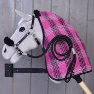 Grey plush Hobby Horse wearing Set Harmony Pink: pink plaid blanket with black fleece collar, black halter and lead rope